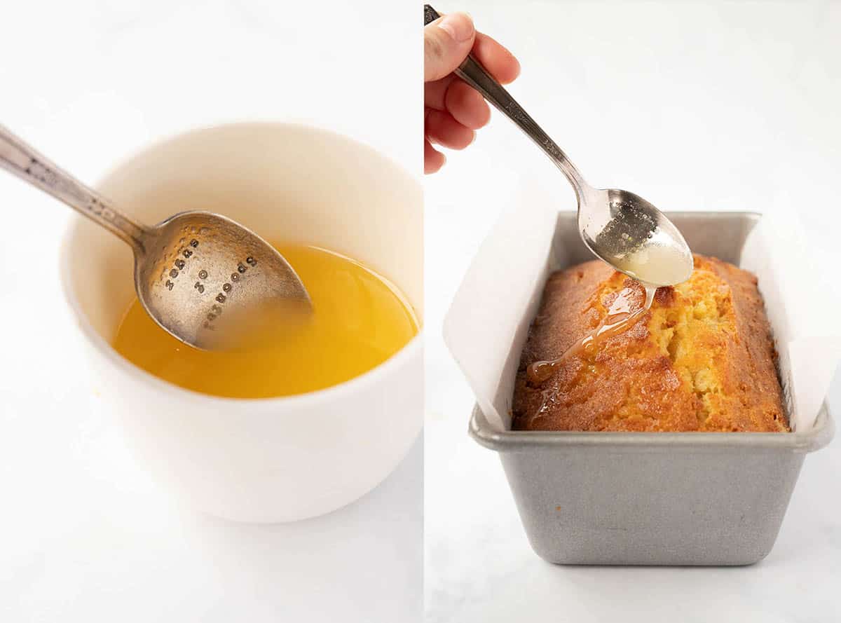 Side by side photo tutorial showing how to make orange syrup for an Orange Pound Cake.
