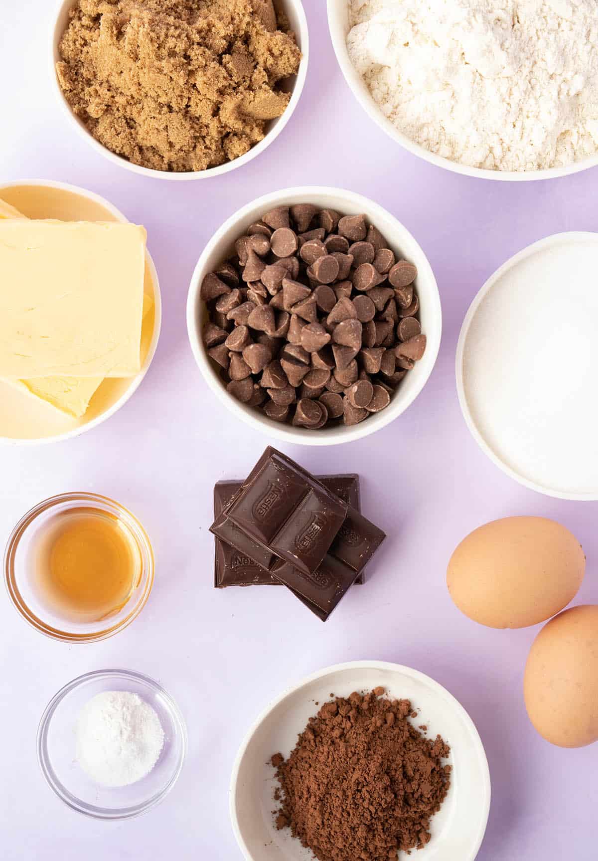 All the ingredients needed to make Brookie Cookies from scratch laid out. 