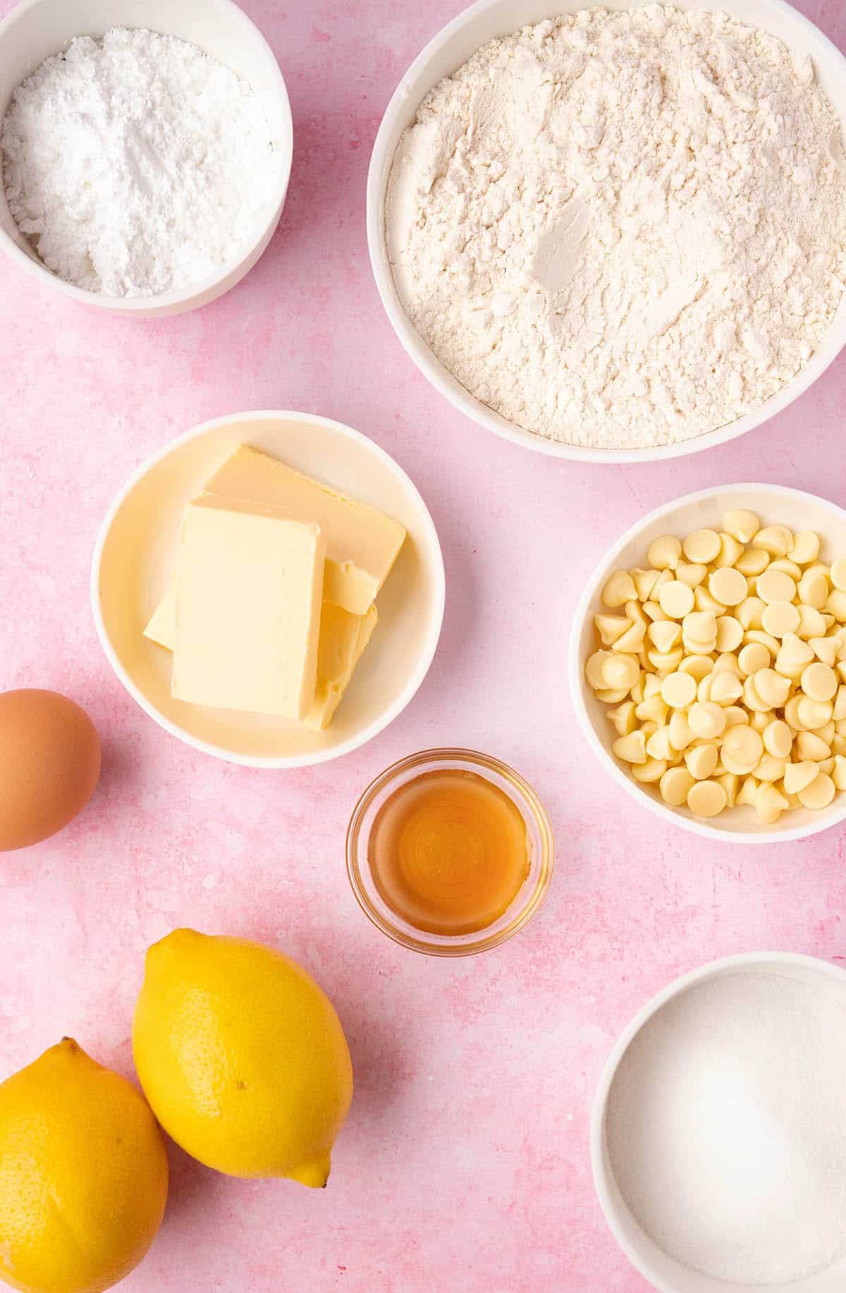 Top view of all the ingredients needed to make Lemon Crinkle Cookies from scratch,