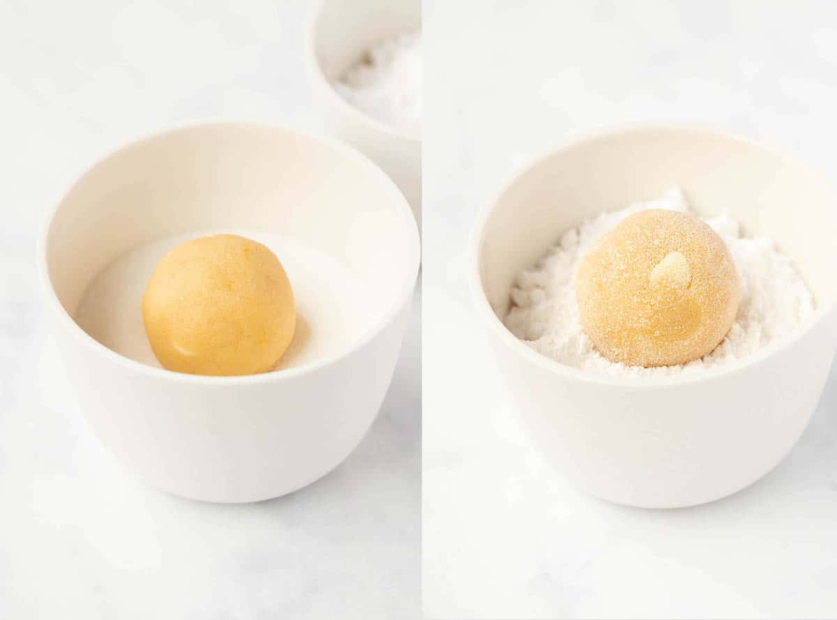 Photo tutorial showing how to roll cookie dough in sugar.