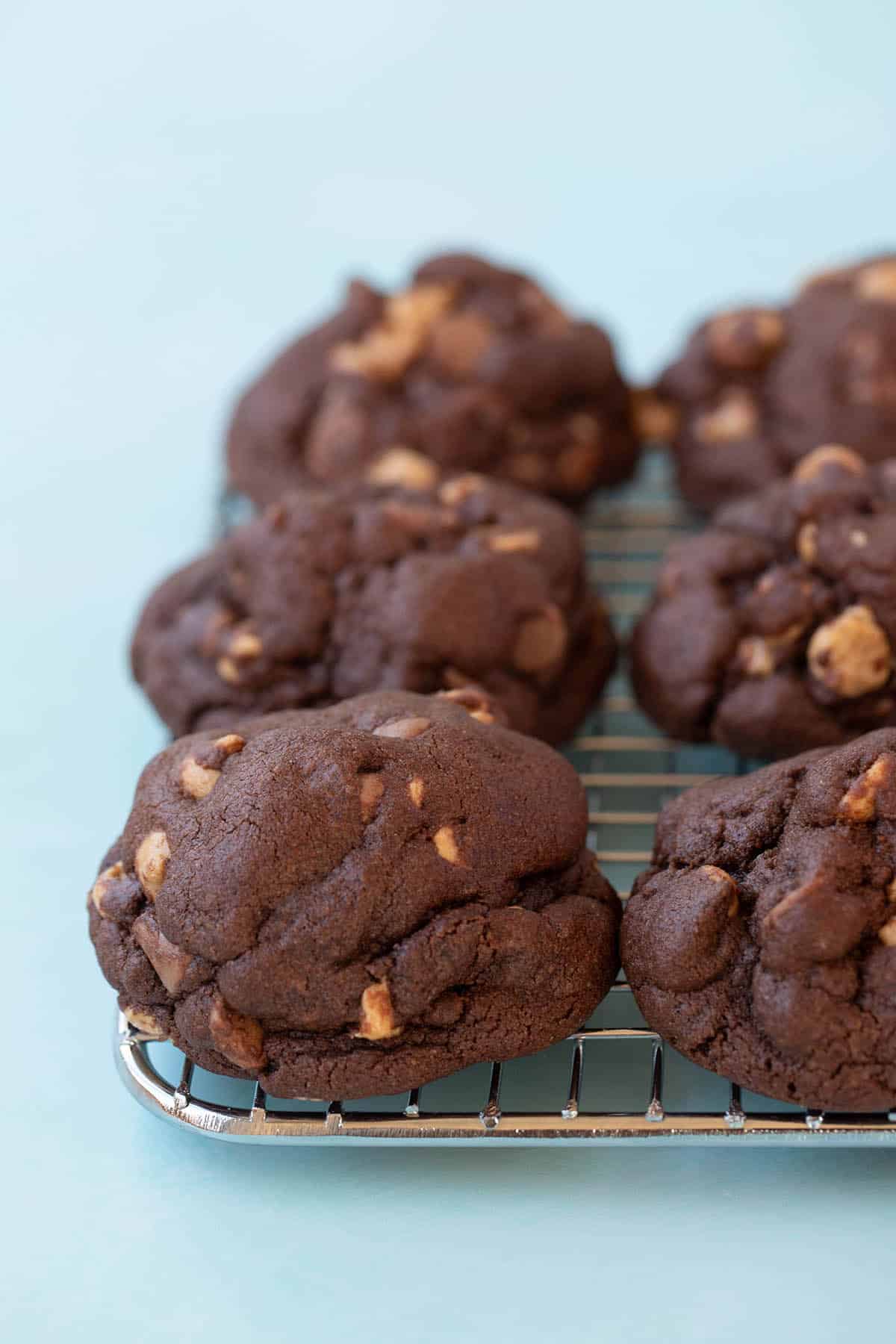 A stack of Chocolate Cookies with peanut butter chips fresh out of the oven. 