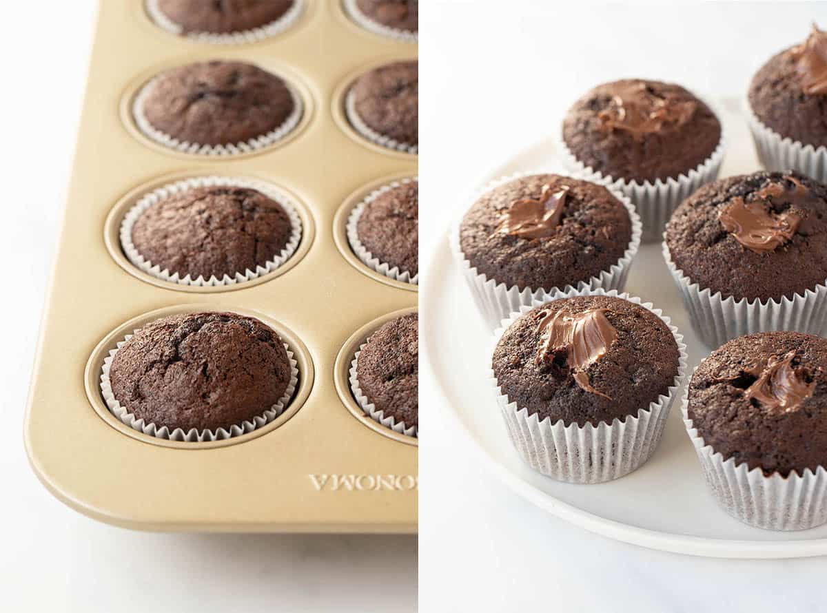 Step by step photos showing how to make chocolate cupcakes and fill them with Nutella.