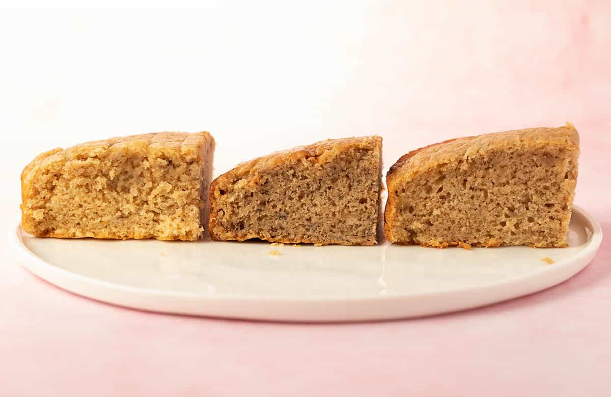 Three different slices of banana cake showing how to recipe test a cake.