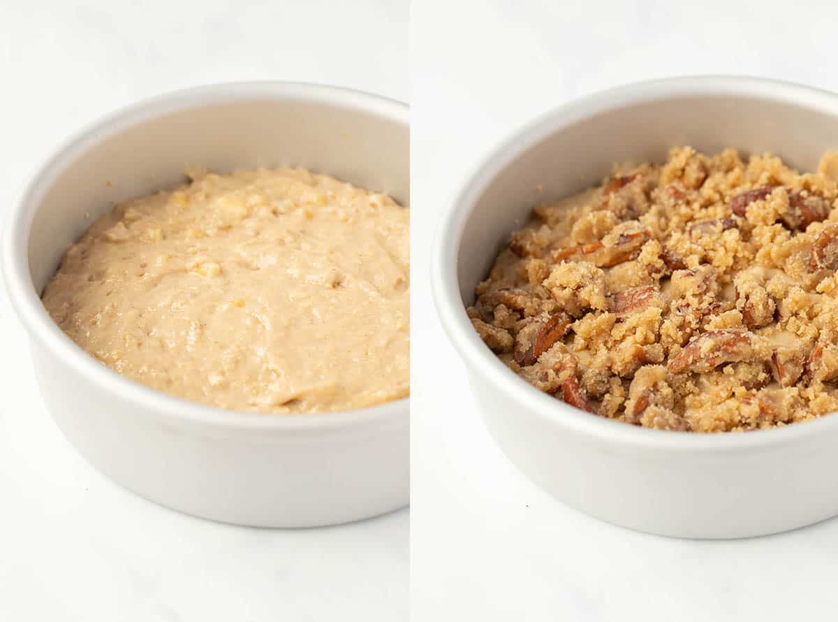 A side-by-side tutorial showing how to make a small Banana Crumb Cake.