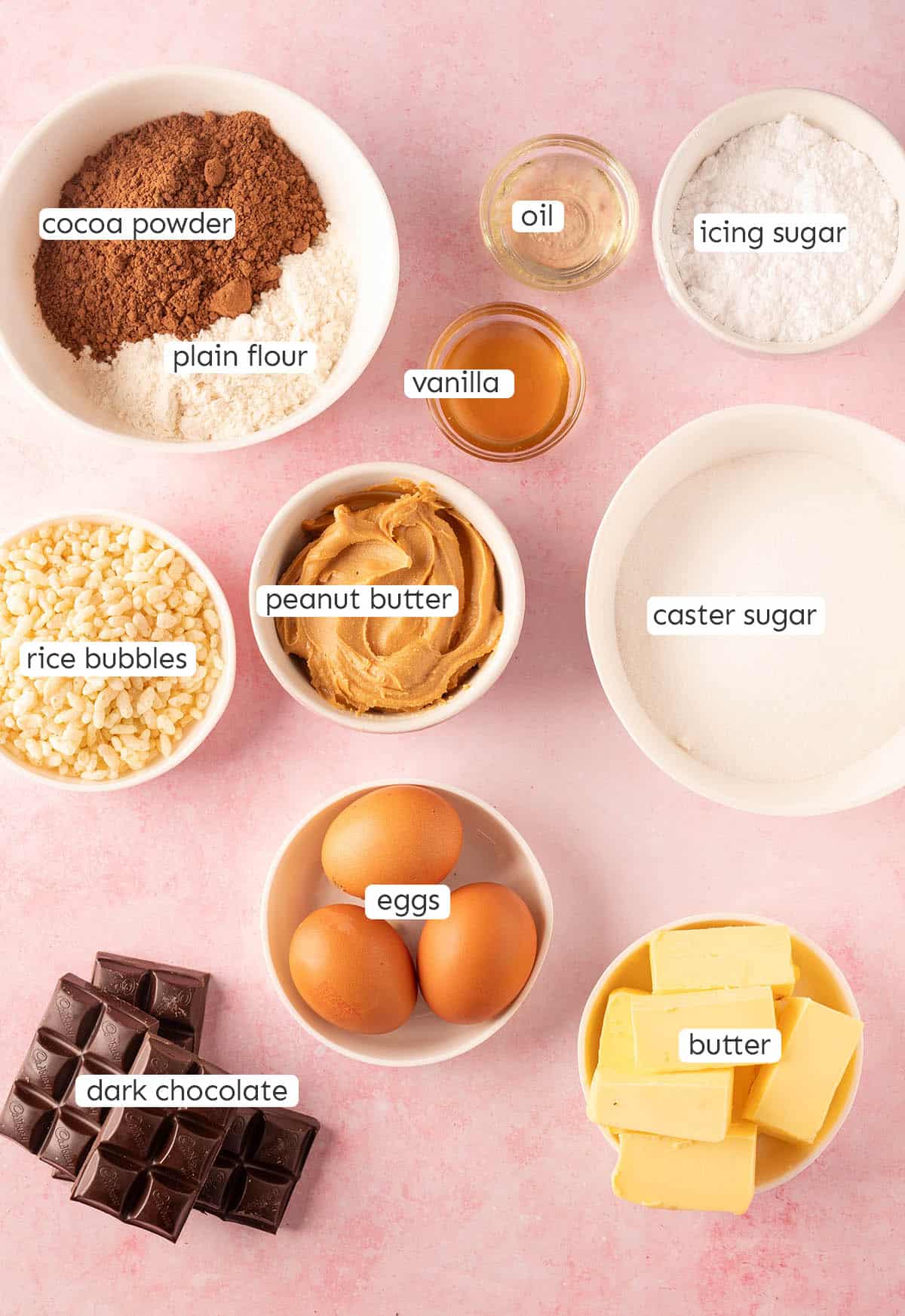 All the ingredients needed to make Brownie Crunch Bars from scratch.