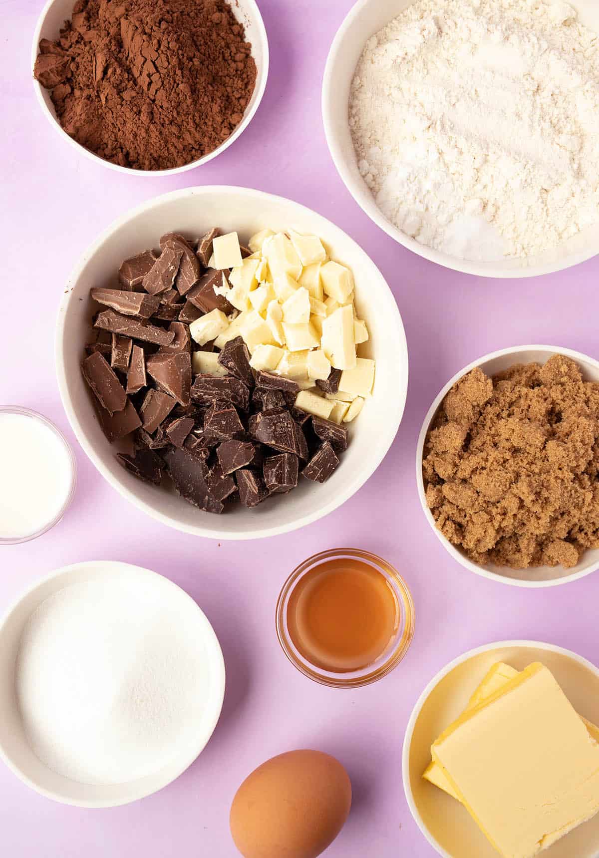 All the ingredients needed to make a batch of Triple Chocolate Cookies.