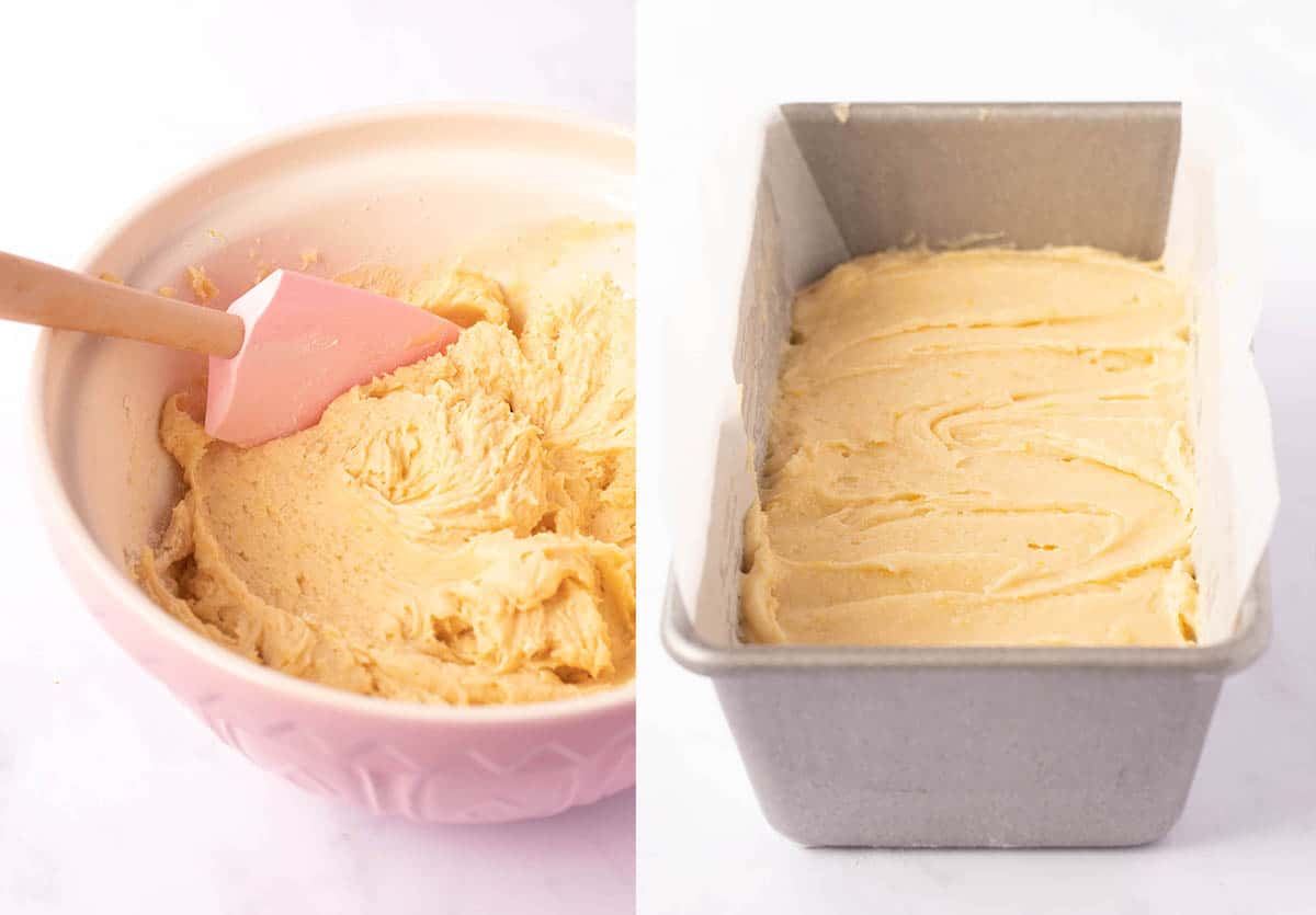 Photo tutorial showing a mixing bowl of cake batter and a cake pan full of cake batter ready to bake.