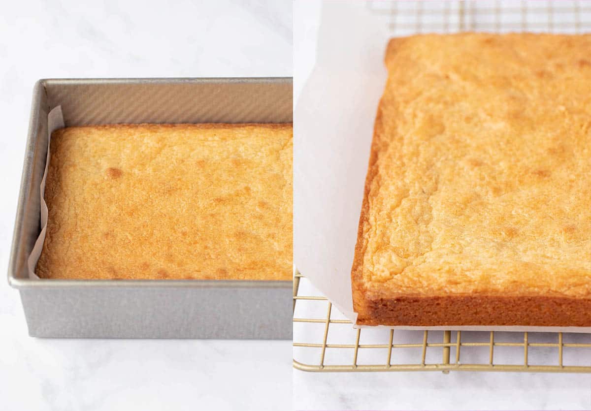 Side by side photos showing a White Chocolate Brownie fresh out of the oven.