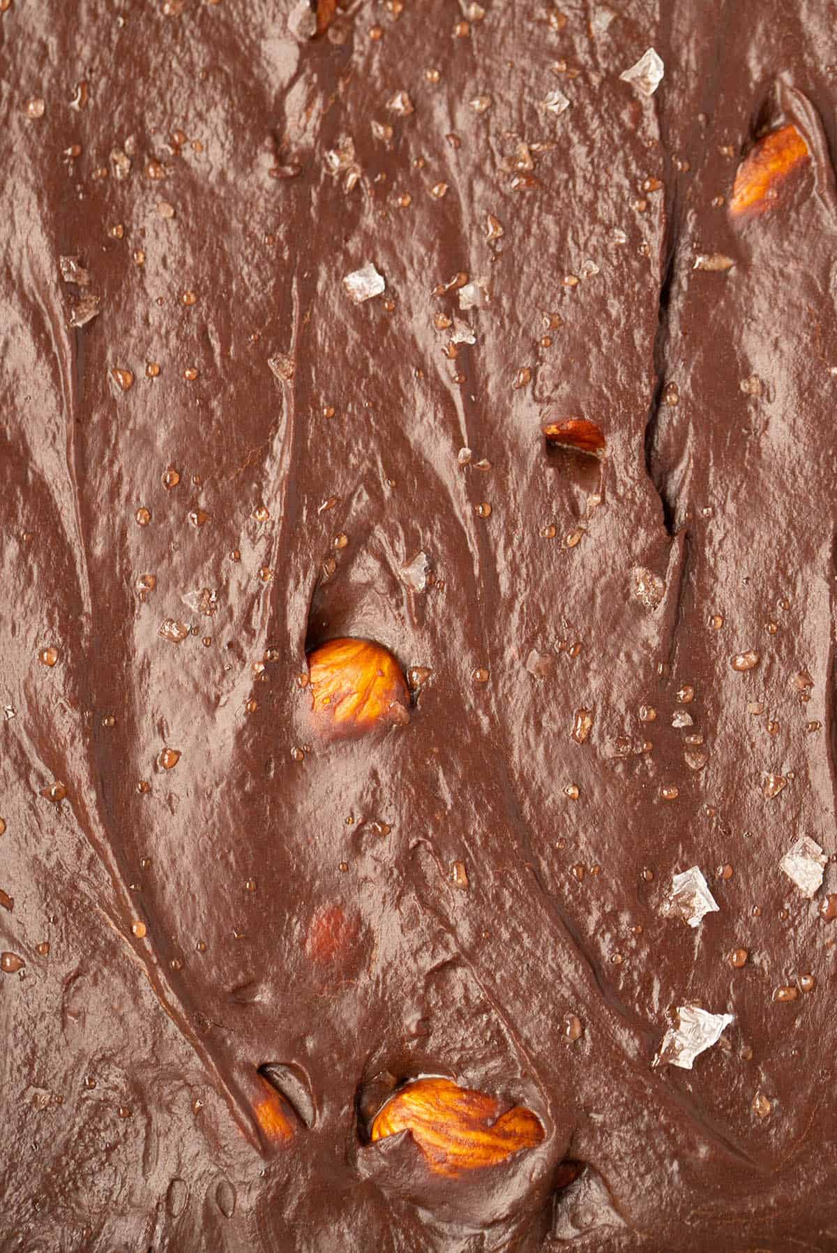 Close up of a gooey pan of chocolate fudge with almonds and sea salt in it.