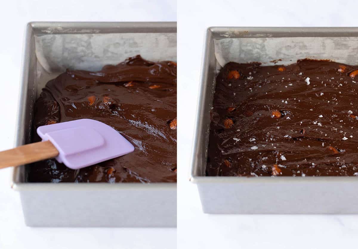 Photo tutorial showing how to put chocolate fudge in pan and sprinkle it with salt.