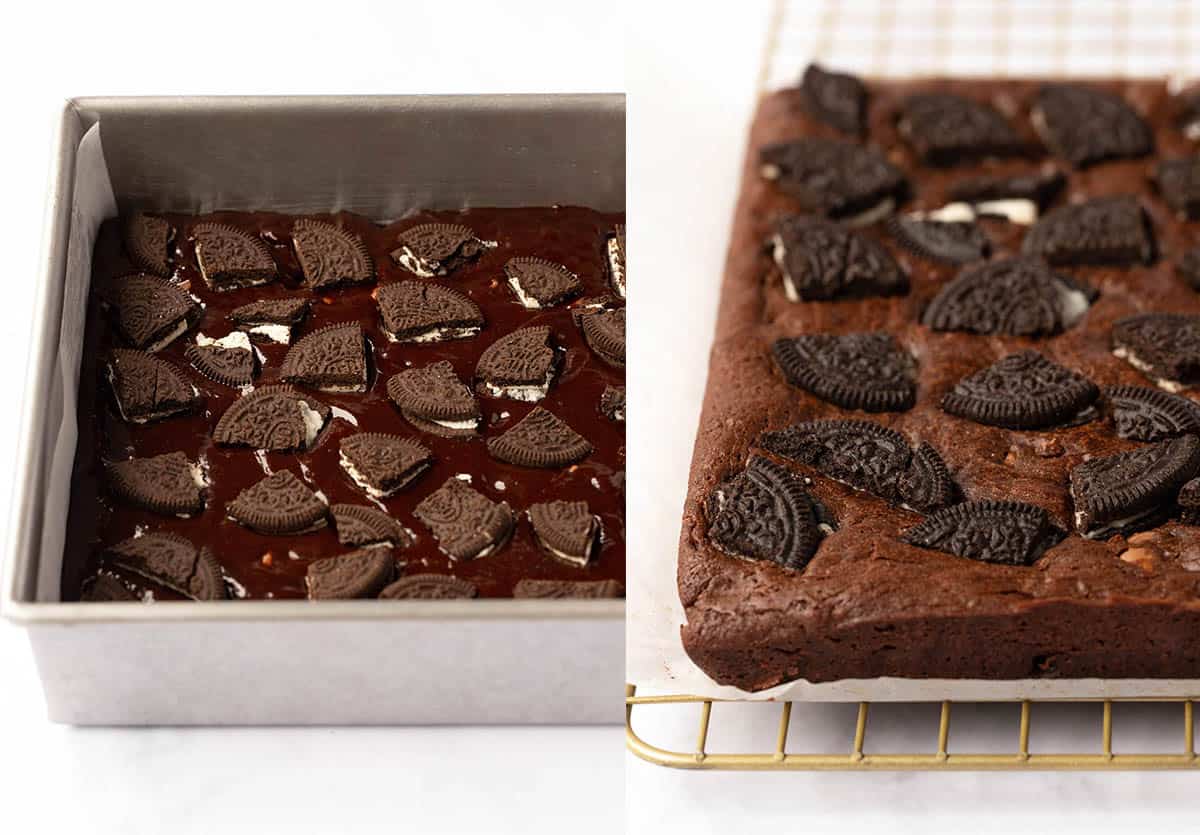 Step by step photos showing a brownie before and after it's been baked.