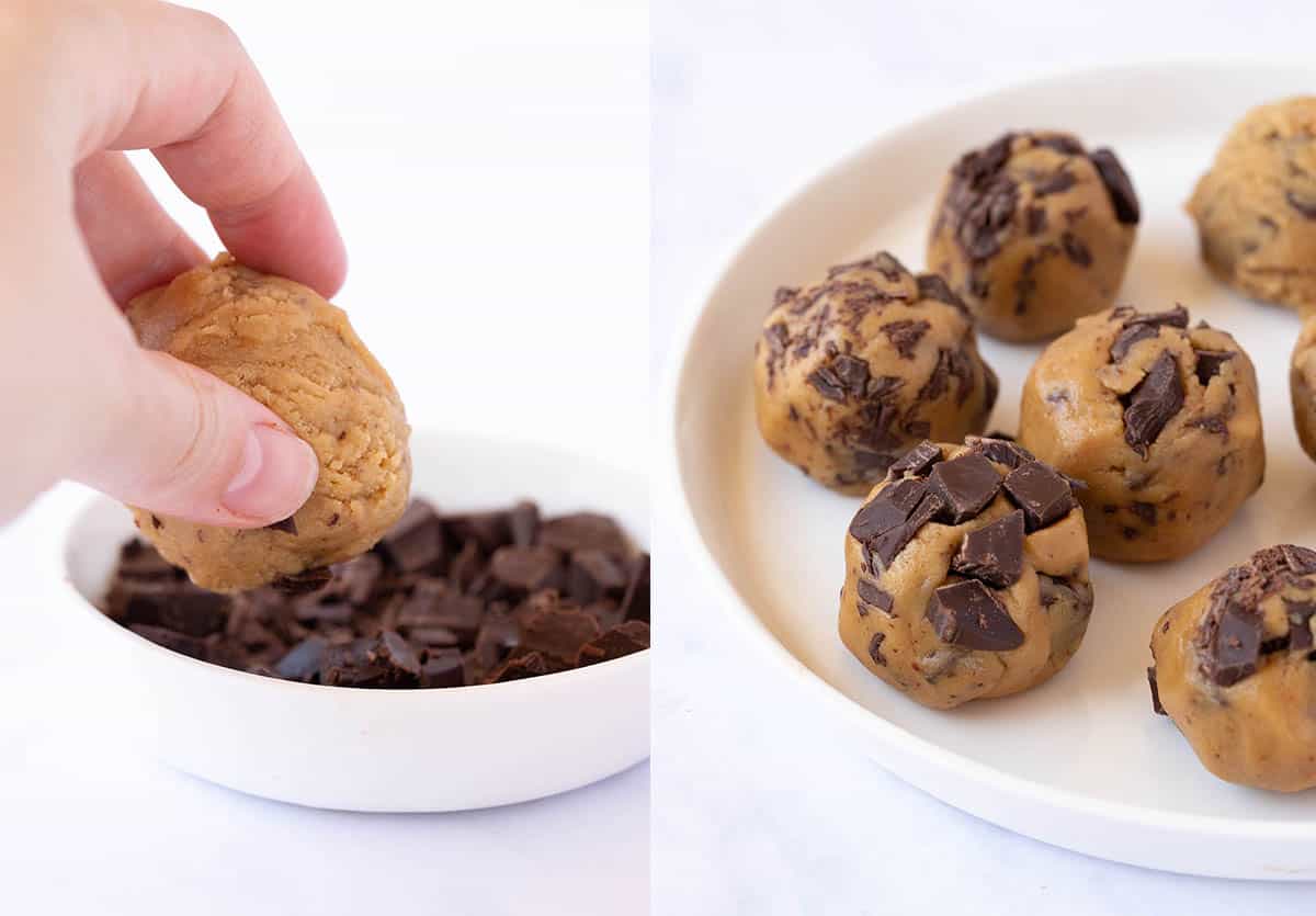 Side by side photos showing up to dip cookie dough balls in chocolate. 