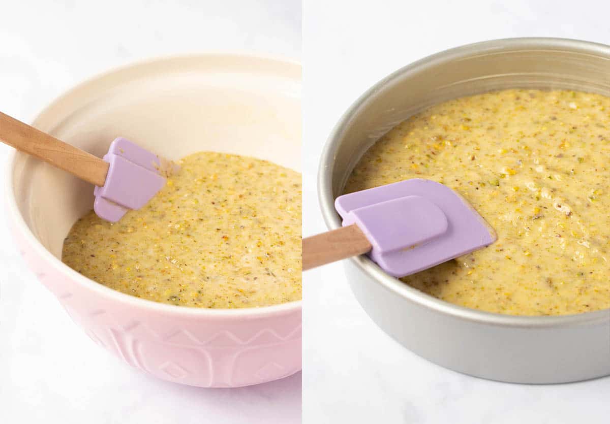 A photo tutorial showing how to make pistachio cake cake batter from scratch. 