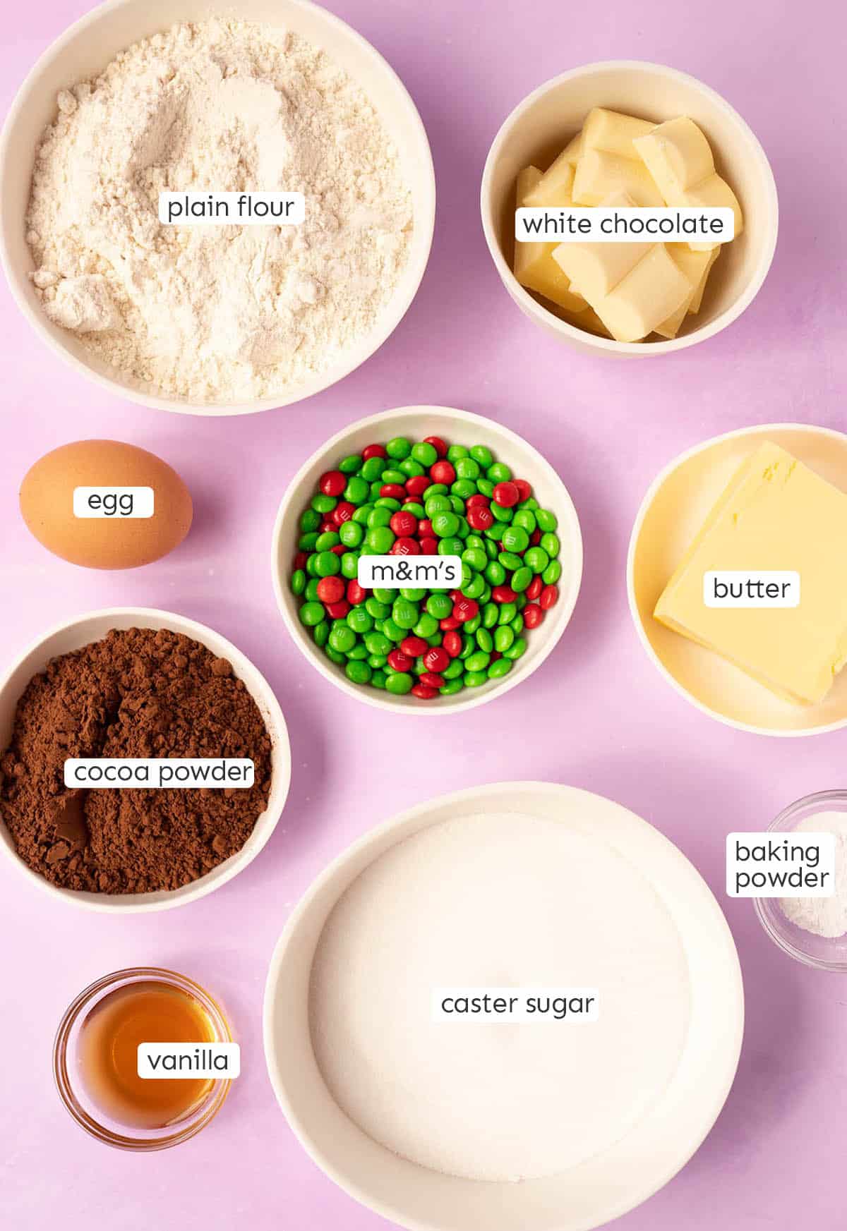 All the ingredients needed to make Chocolate Sugar Cookies from scratch.