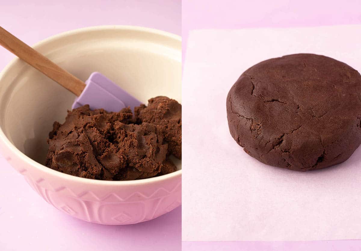 Side by side photos showing how to make chocolate cookie dough and shape it into a disc to roll.