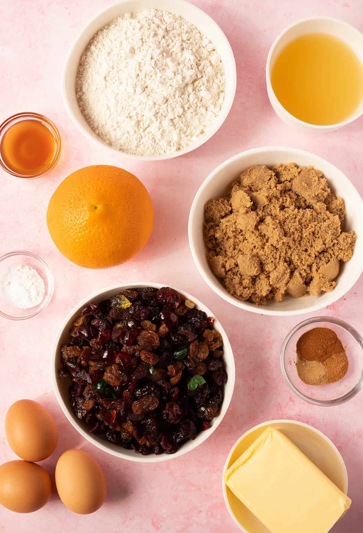 All the ingredients needed to make Fruit Cake from scratch. 