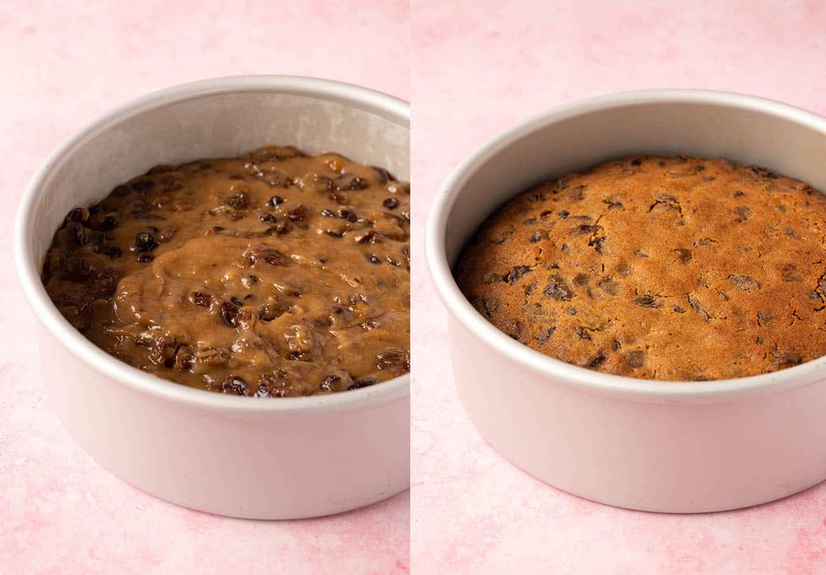 Side by side photo showing before and after Christmas Fruit Cake being baked in the oven.