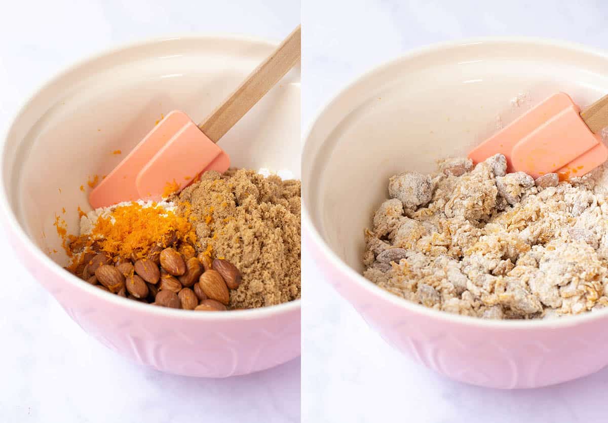 Side by side photos of a mixing bowl showing how to make Biscotti from scratch.