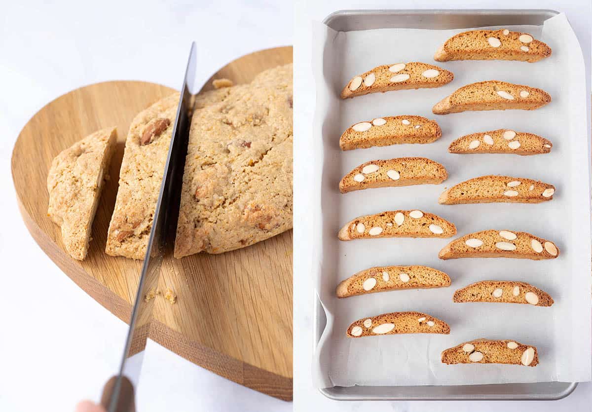 Side by side photos showing how to slice Biscotti cookies to be baked for a second time.