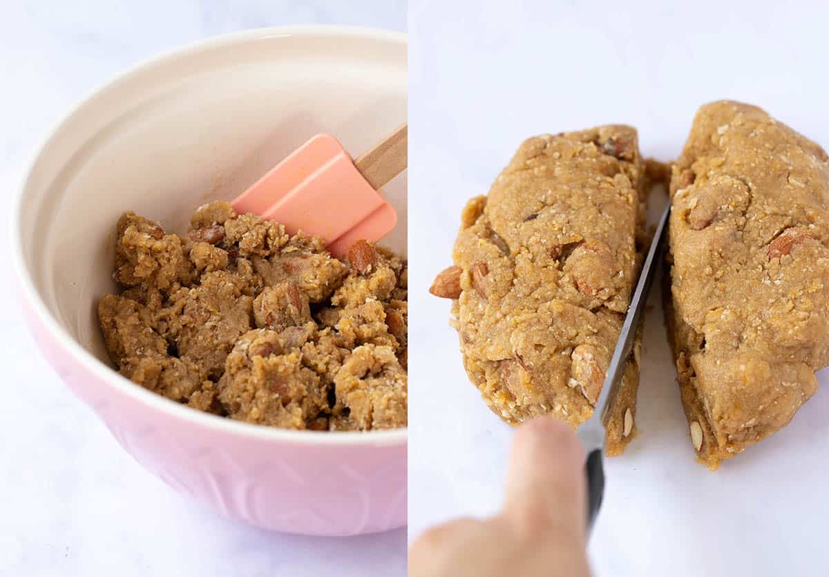 Side by side photo showing how to mix and prepare Biscotti dough.