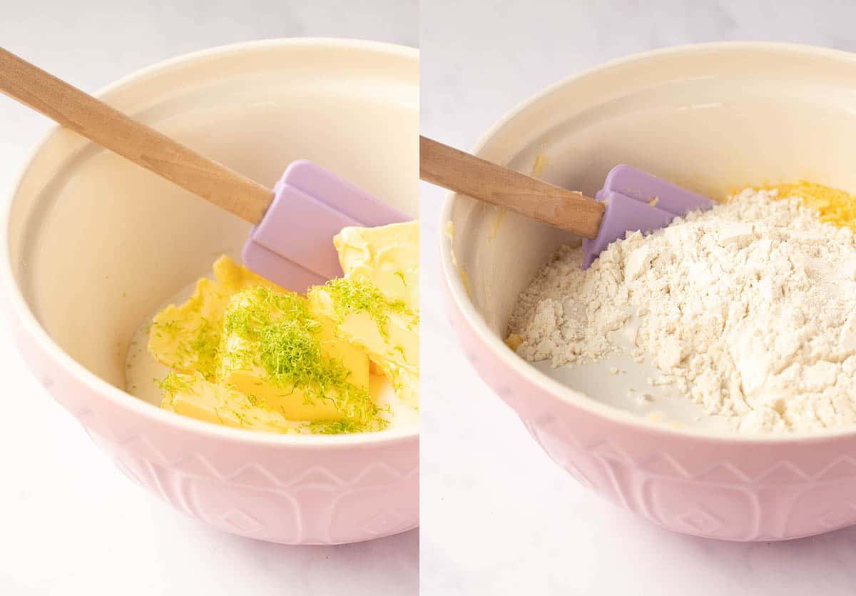 Step by step photos showing how to make Coconut Loaf Cake batter