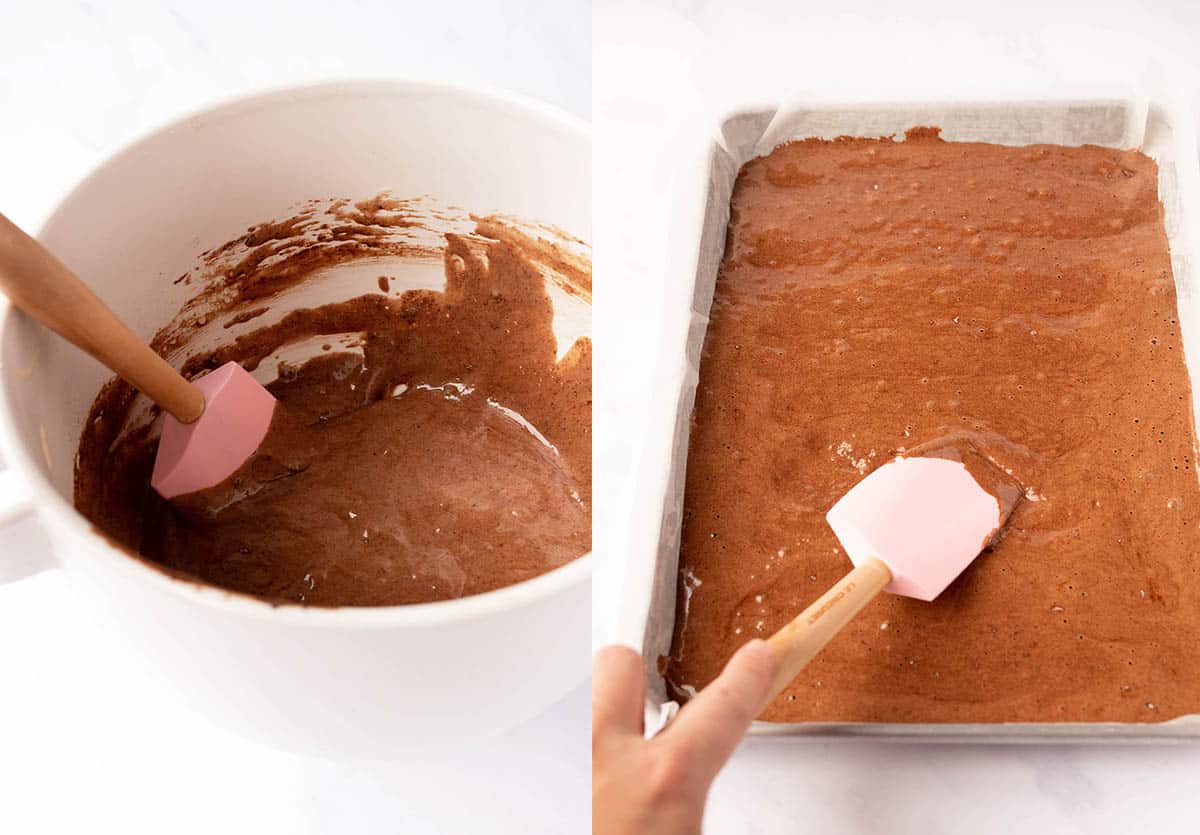 Side by side photos showing how to add creamy chocolate cake batter to a Swiss roll pan. 