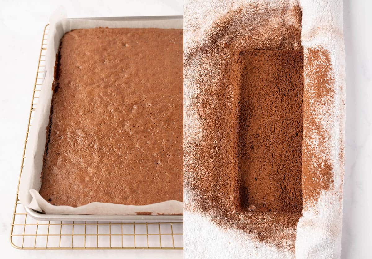 Photo tutorial showing a baked chocolate sponge being rolled in a tea towel. 