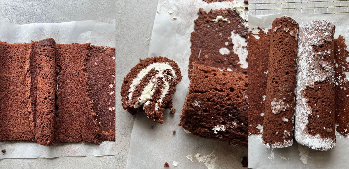 Photos of chocolate cake rolls that cracked or collapsed. 