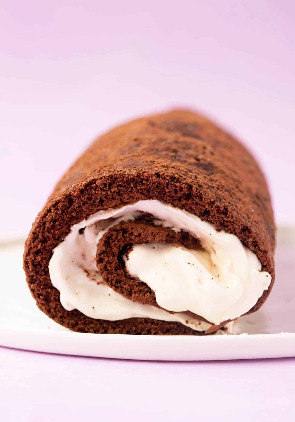A beautiful Chocolate Cake roll filled with whipped cream on a white plate.