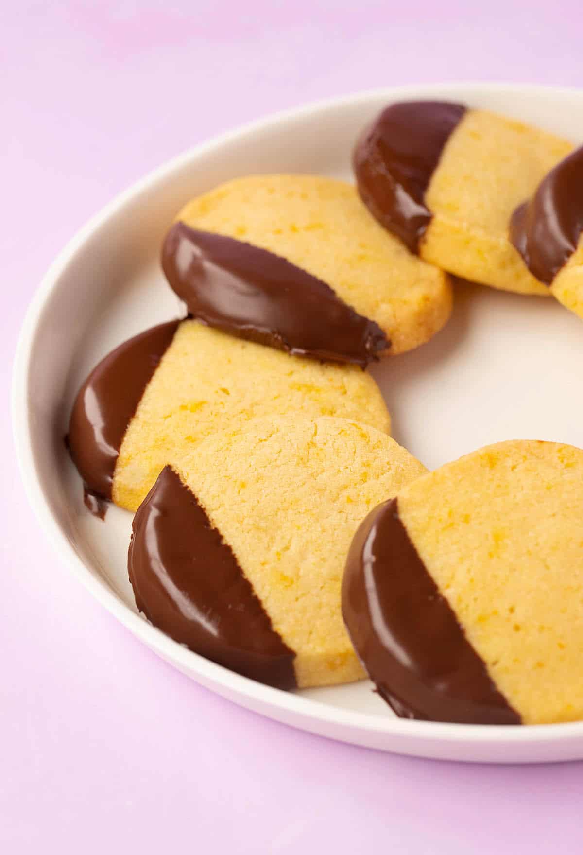 A white plate of beautiful chocolate dipped Orange Biscuits.
