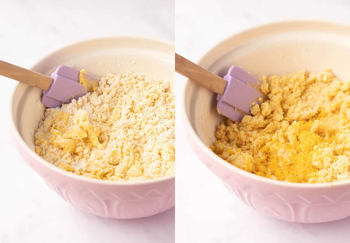 Side by side photos showing how to make orange cookie dough from scratch.