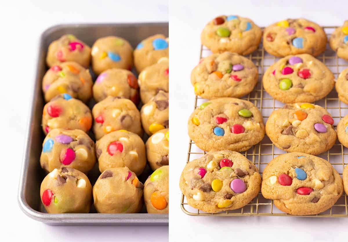 Photo tutorial showing a plate of cookie dough balls, before and after baked. 
