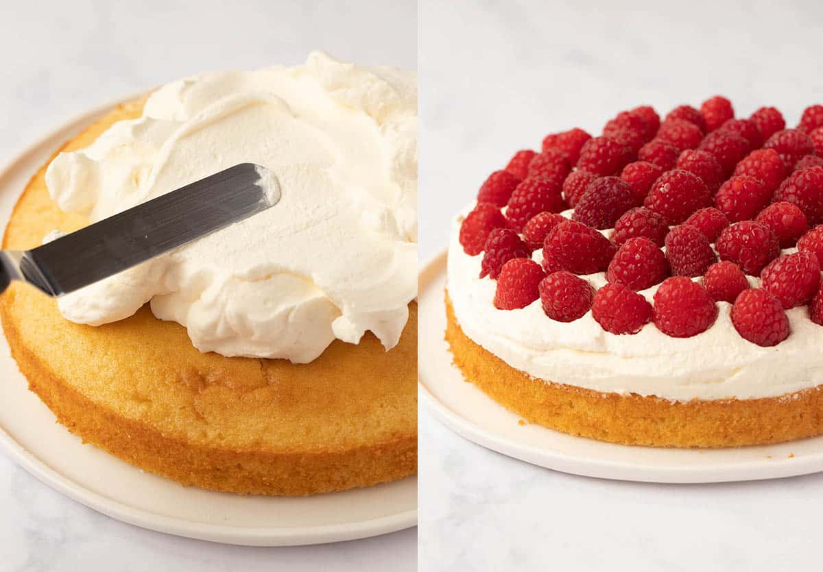 Step by step photos showing how to fill lemon cake with whipped cream and fresh raspberries.