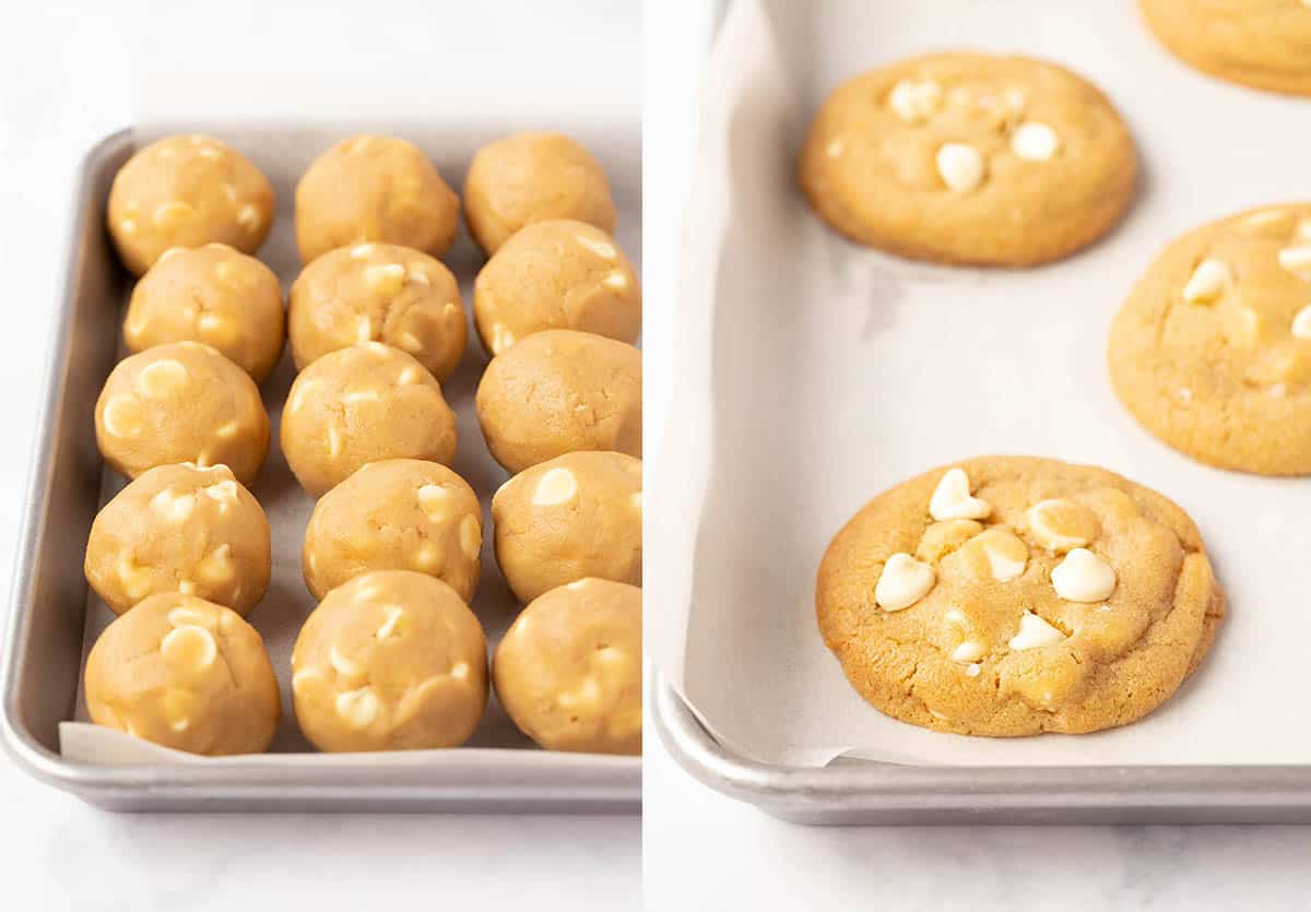 Side by side photos showing how to roll and bake white chocolate chip cookie dough. 