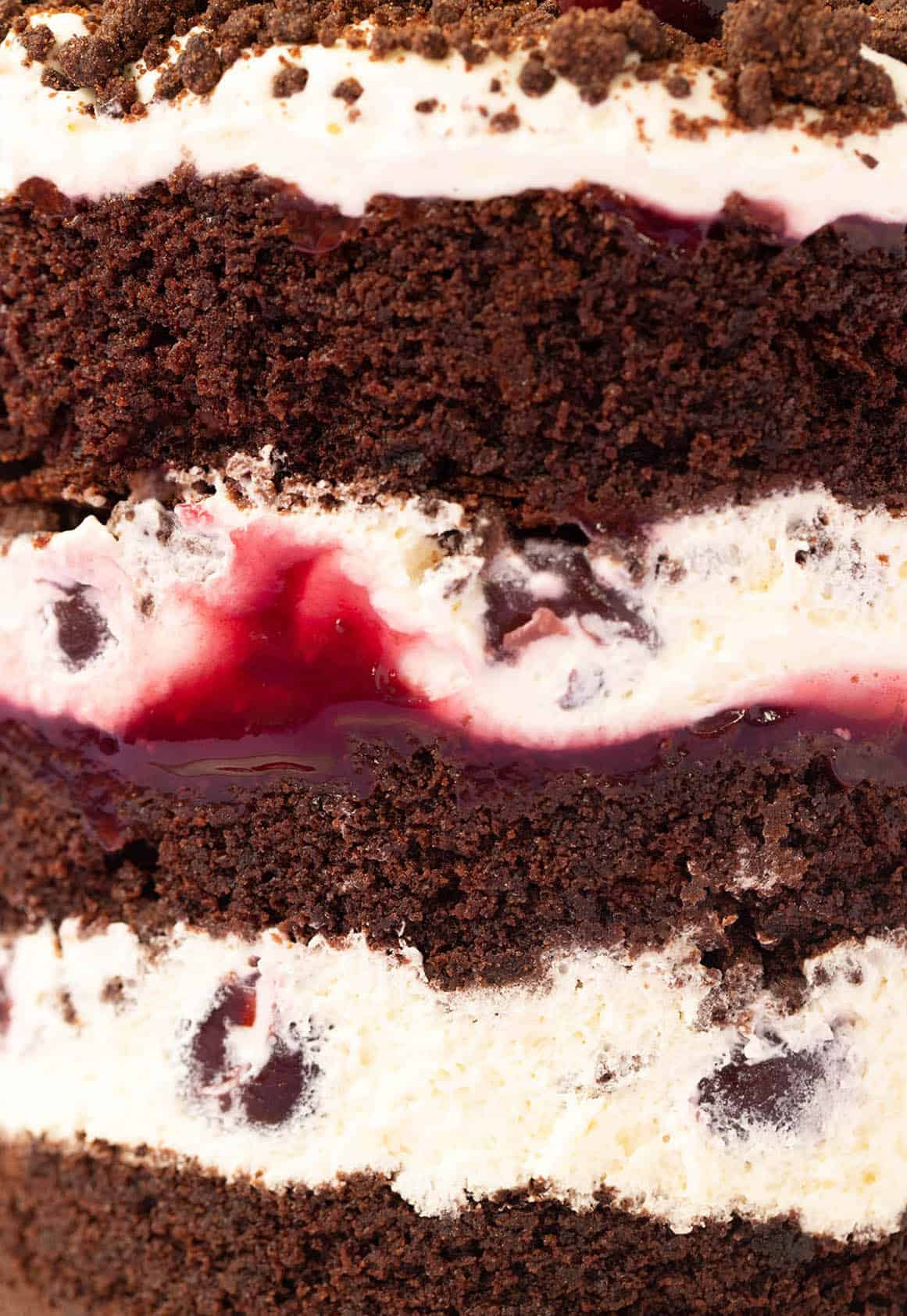 Close up photo of all the layers of a beautiful Black Forest cake.