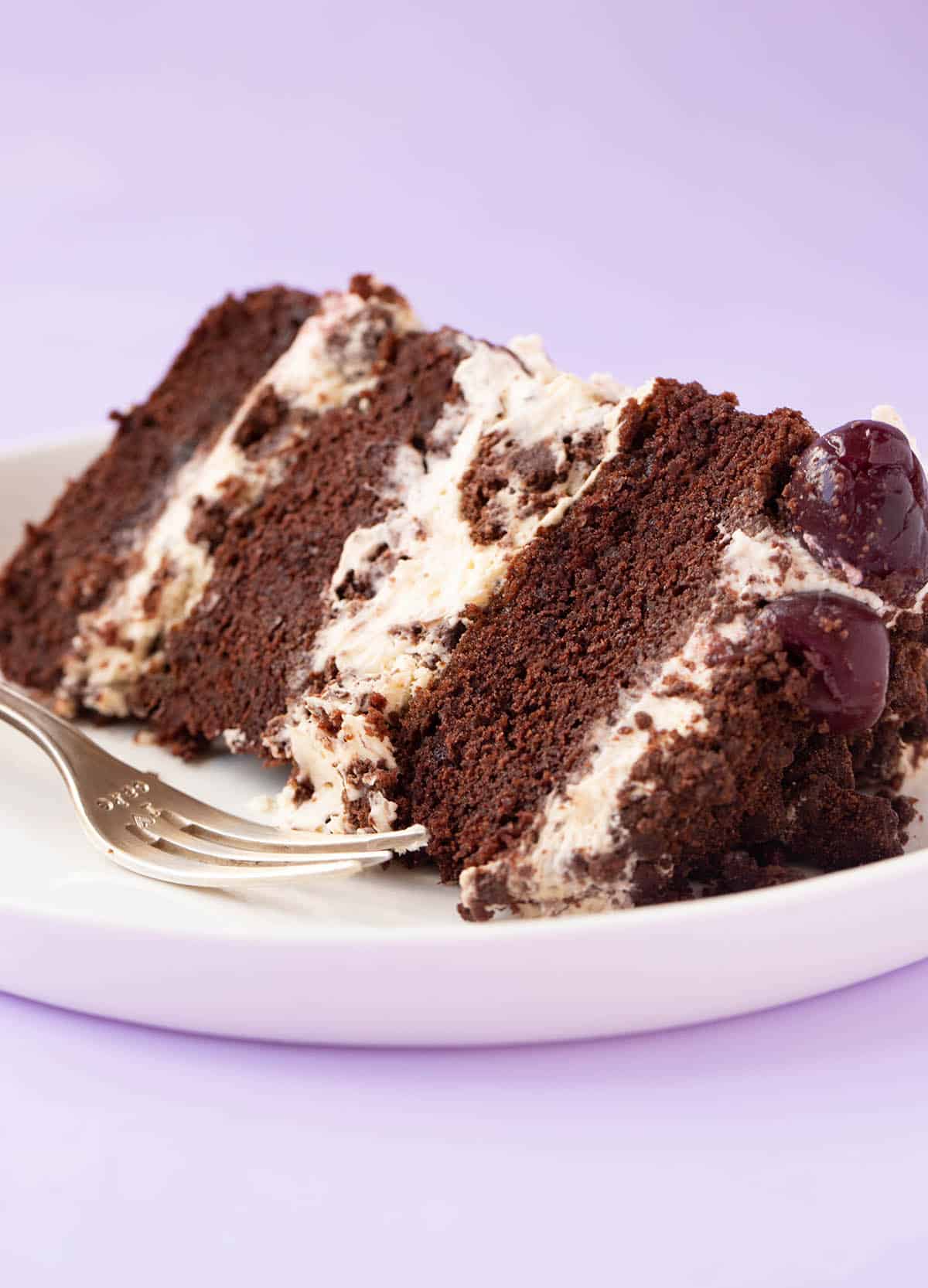 A slice of Chocolate Cherry Cake on a white plate. 