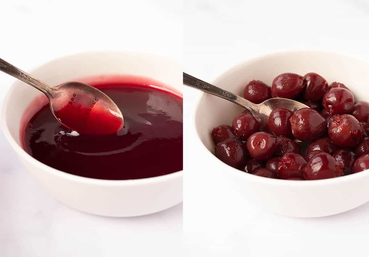 Side by side photos of cherry syrup and canned cherries for cake layering.