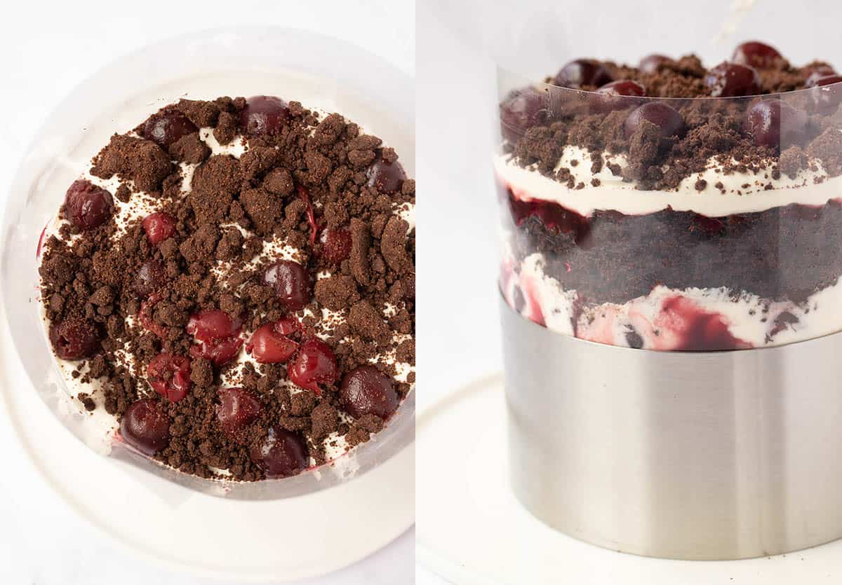 Side by side photos showing how to assemble a chocolate cherry Milk Bar cake.