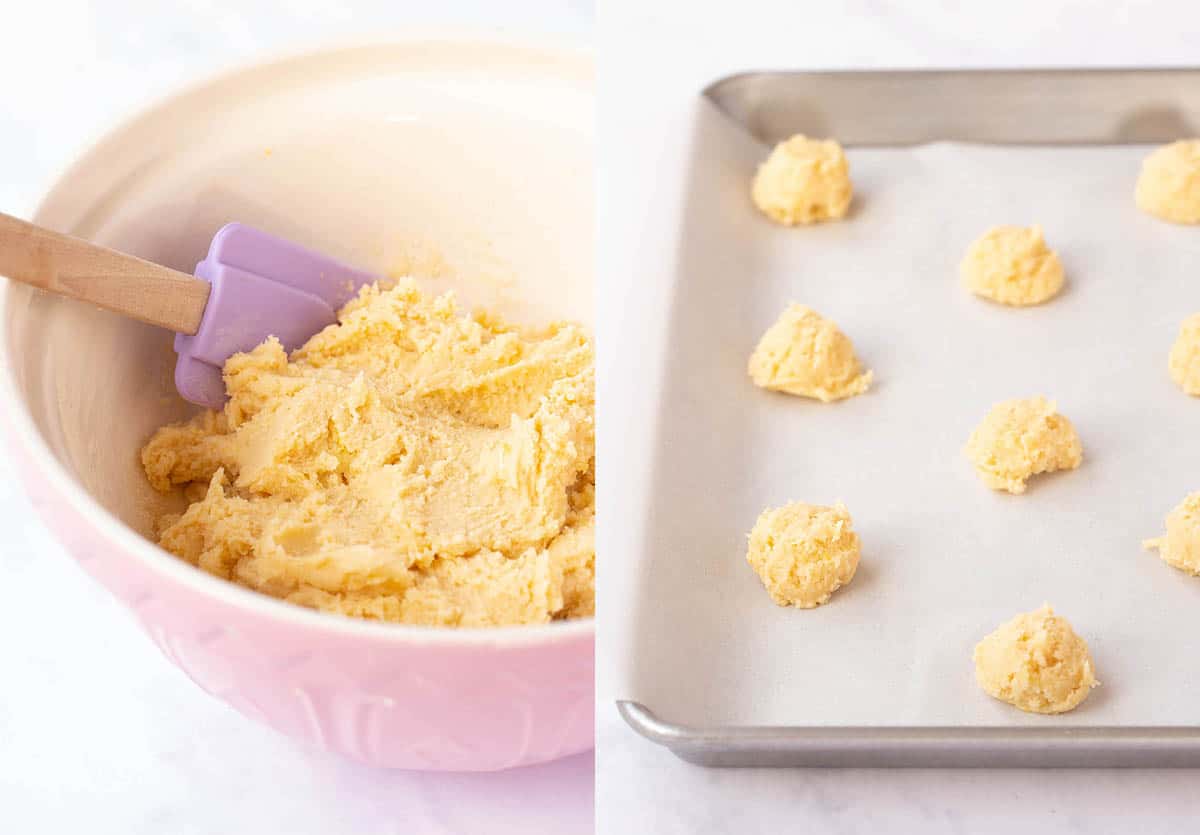 Photo tutorial showing how to scoop ricotta cookie dough ready for baking.