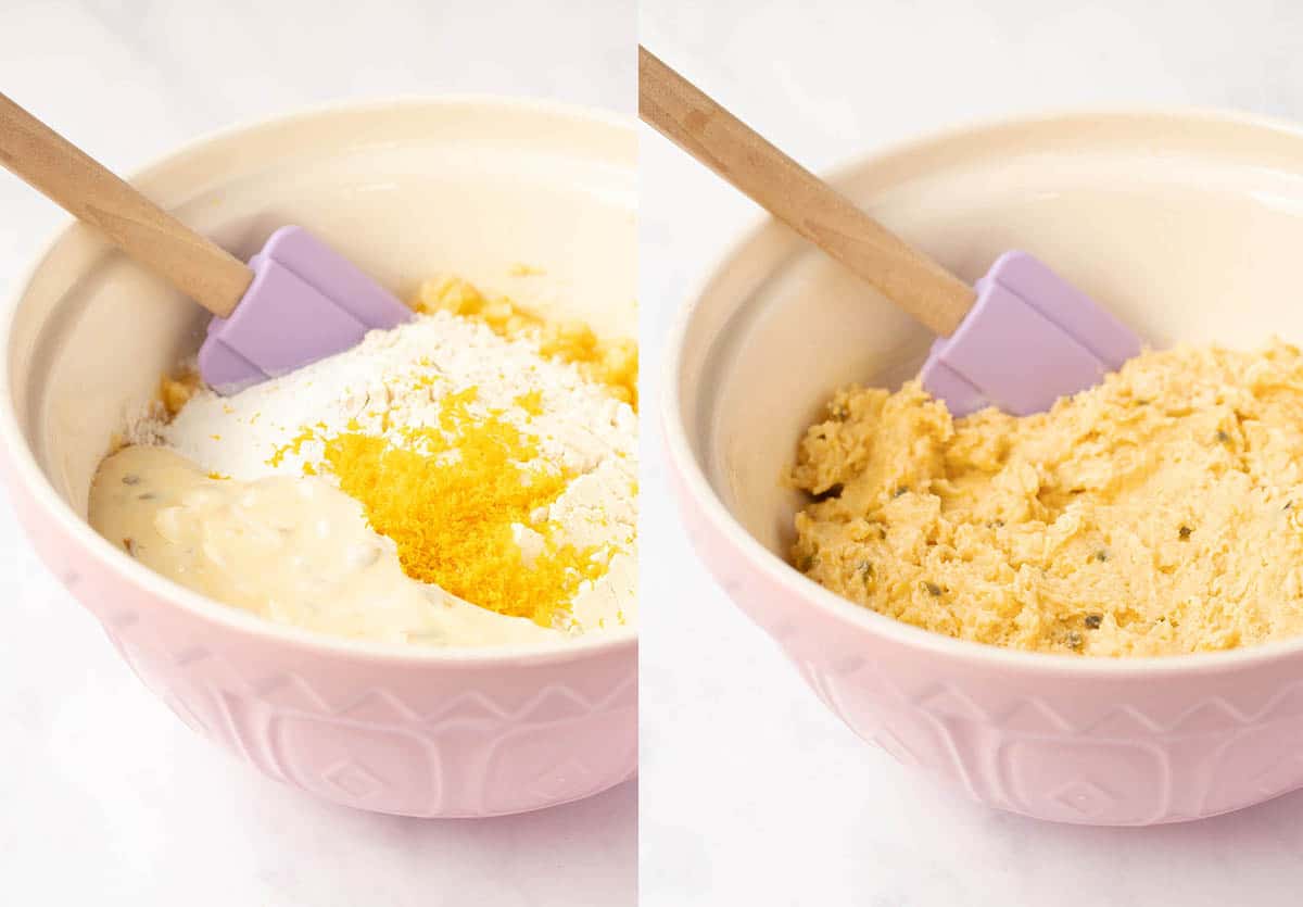Side by side photo tutorial showing how to mix passionfruit cake batter.