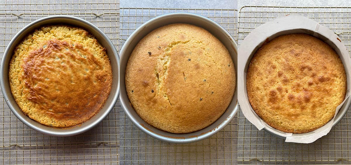 Three different passionfruit cakes showing the recipe testing process. 