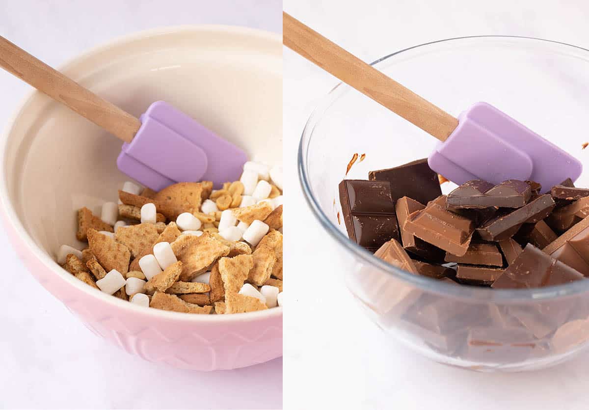 Side by side photos showing how to make Rolo Rocky Road from scratch. 