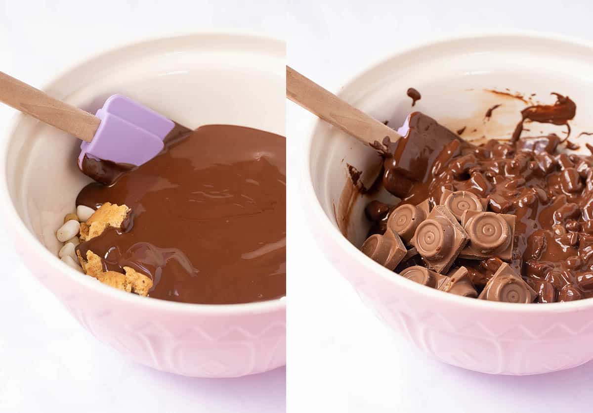 Pink mixing bowl showing how to cover rocky road with chocolate. 