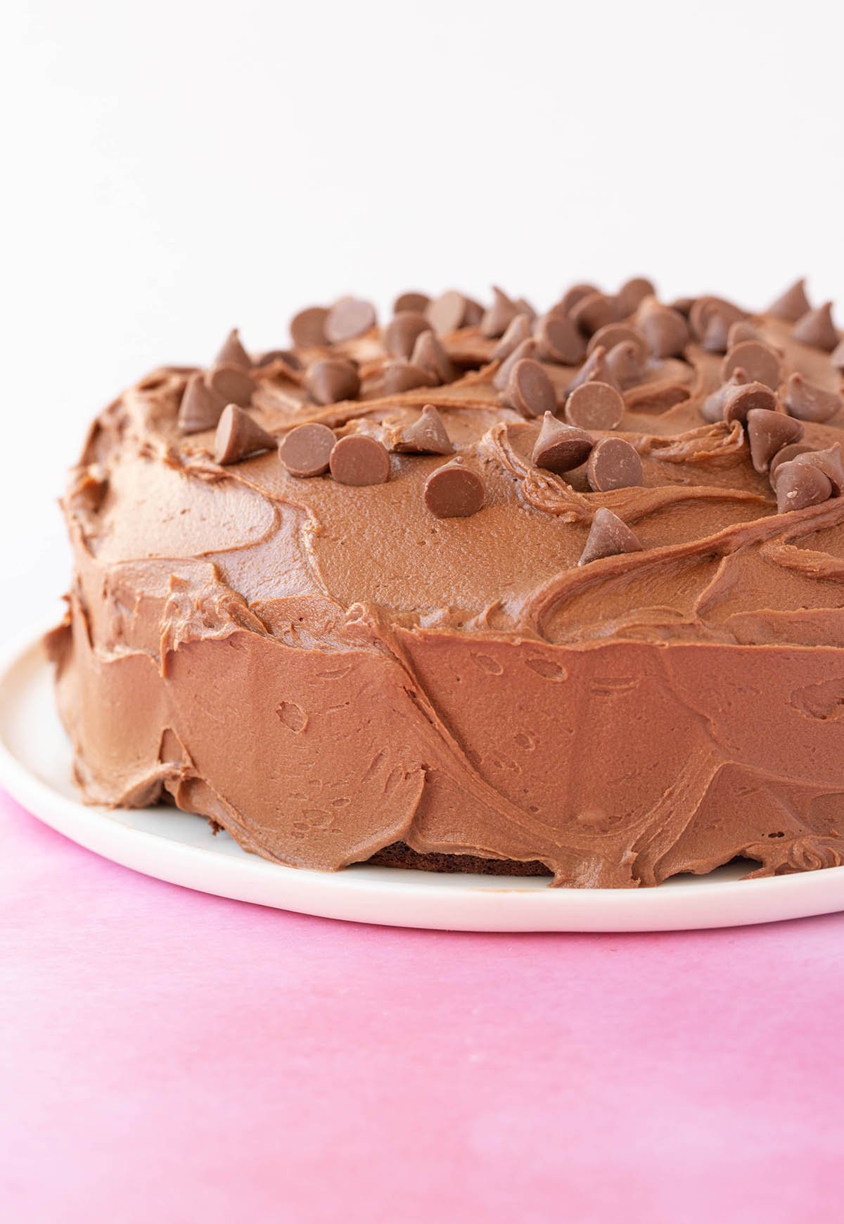 A whole chocolate cake covered in creamy chocolate frosting. 