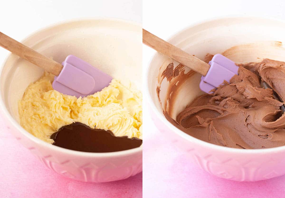 Side by side photos showing how to make chocolate buttercream. 