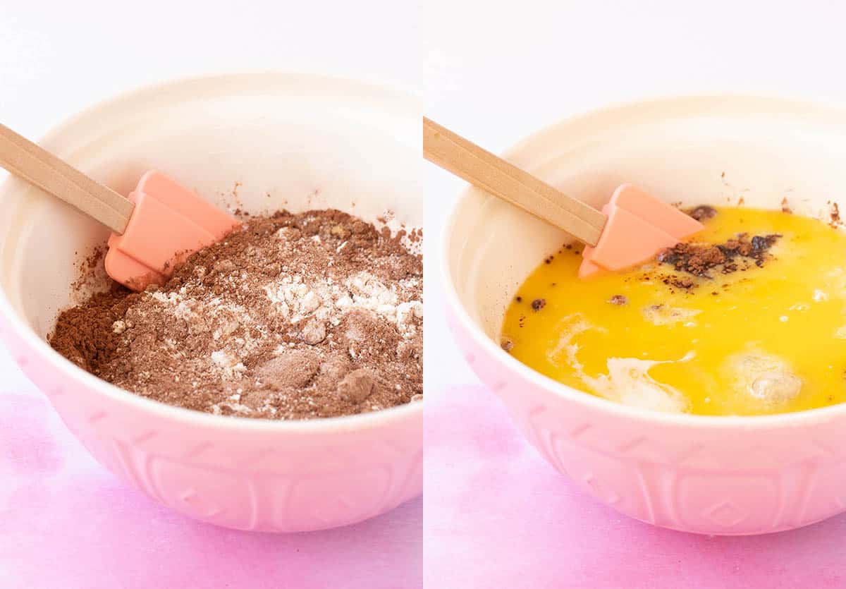 Side by side photos show how to make chocolate cake batter.