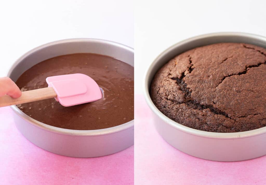 Chocolate Buttermilk Cake before and after being baked in the oven.