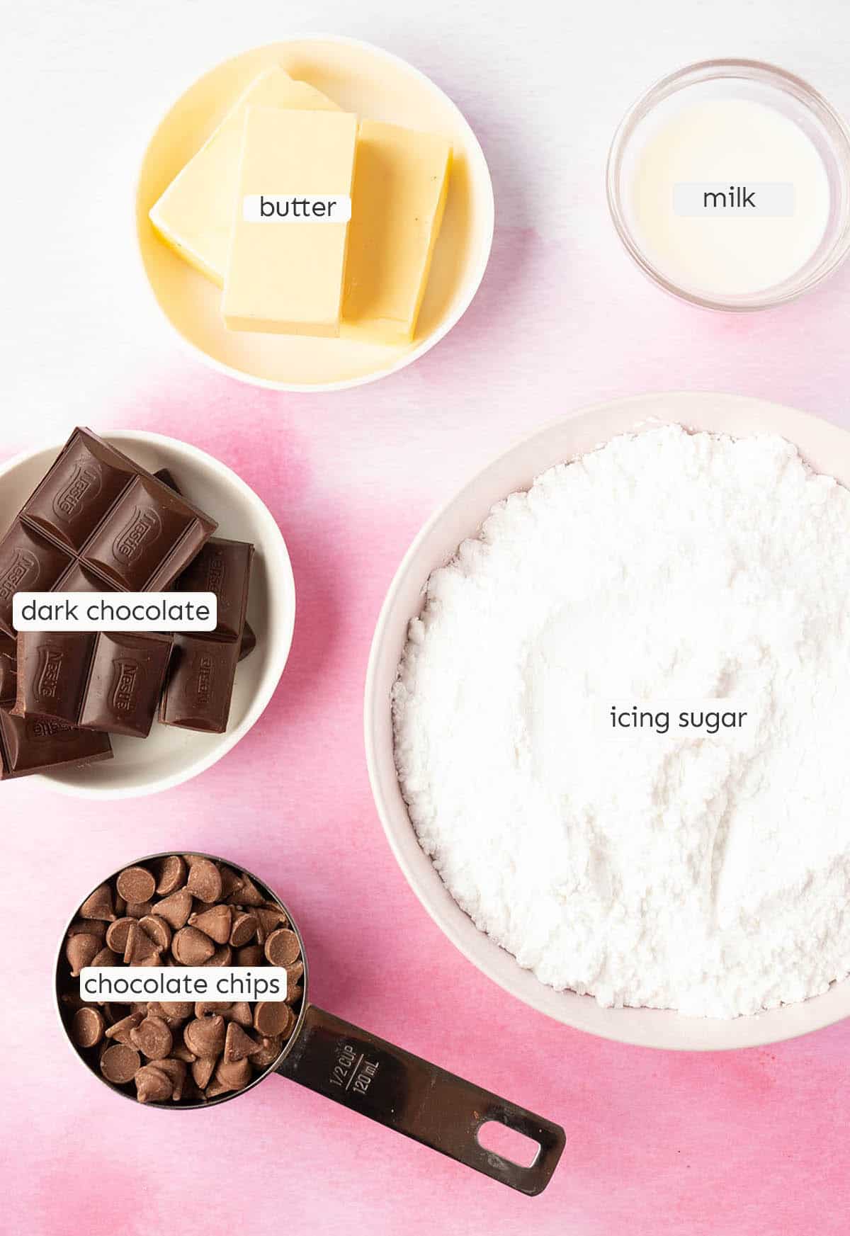 All the ingredients needed to make Chocolate Buttercream from scratch.