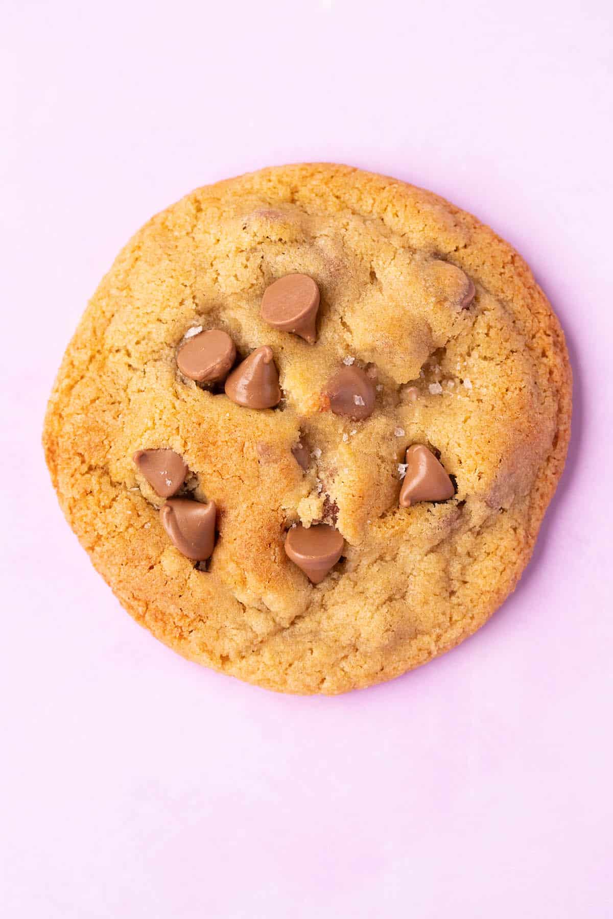 Top view of a golden chocolate chip cookie on a purple background.