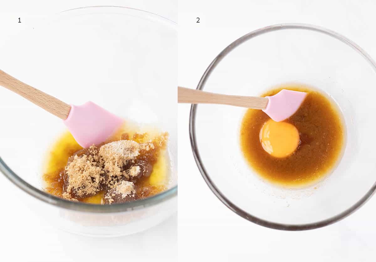 Side by side photos showing how to mix butter and sugar together.